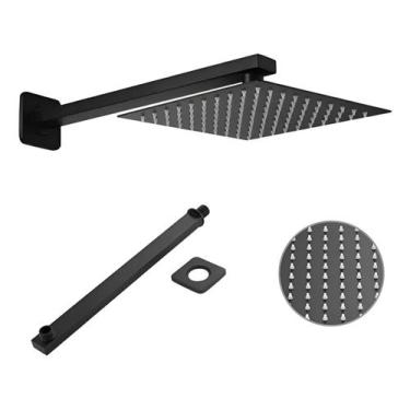 Imagem de Kit Ducha Chuveiro Slim Inox Quadrado 20x20 + Braço Preto Fosco E145 -