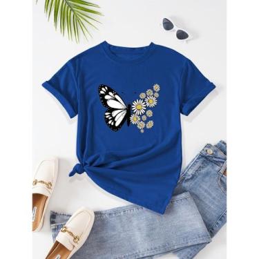 Imagem de Camiseta Feminina T-shirt Floral Borboleta Margarida 100% Algodão Prem