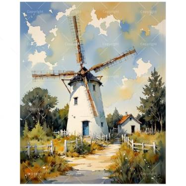 Imagem de Kit de pintura vintage de moinho de vento por números para adultos - Pintura de cena de moinho de vento branco e cerca de jardim em tela 40,6 x 50 cm, conjunto de tinta acrílica para iniciantes, arte