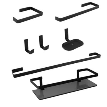 Imagem de Kit Acessórios para Banheiro, Preto, 7 Peças, Inox com Porta Shampoo Fumê, Quadrado, Estilo Moderno, Montagem na Parede, 49cm