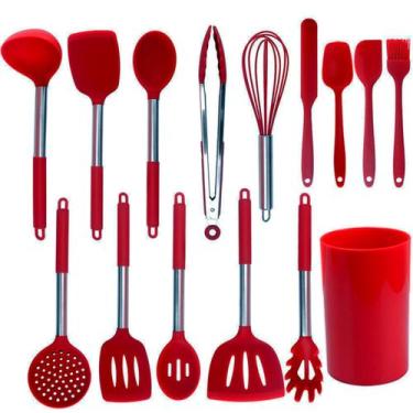 Imagem de Conjunto de 14 utensílios de cozinha de silicone antiaderente e copo d