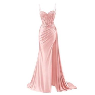 Imagem de Vestido de baile RUMUGUYA, apliques de renda, cetim, rosa sereia, 20W