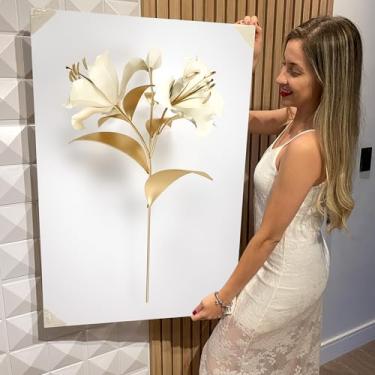 Imagem de Quadro Decorativo Canvas Flores Brancas e Douradas Vertical (CAN2598)