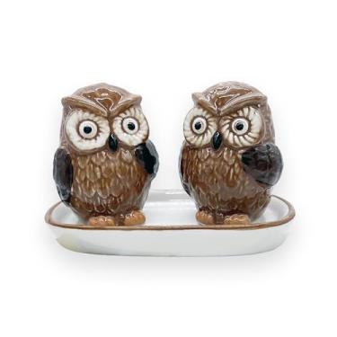 Imagem de Conjunto de coqueteleira de cerâmica em forma de coruja com base de cerâmica - 2 dispensadores de sal e pimenta com tampas de plástico para decoração de mesa de jantar de cozinha (marrom)