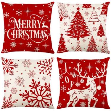 Imagem de Conjunto de 4 capas de travesseiro de Natal 45,7 x 45,7 cm para decoração de sofá de inverno decoração festiva vermelha branca com árvore de Natal flocos de neve desenhos de rena para cama sala de