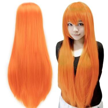 Imagem de IMISSU Perucas de cosplay de cabelo natural longo e reto com franja colorida fantasia de Halloween peruca de festa para menina (Laranja fluorescente)