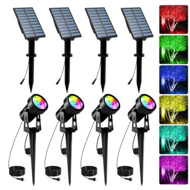 Imagem de T-SUNUS Pacote com 4 holofotes solares de paisagem que mudam de cor, IP65, à prova d'água, RGB com cabo de 3 metros, painel separado de luz de jardim para bandeira, jardim, exterior, garagem, varanda