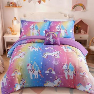 Imagem de Kaleido Space Conjunto de edredom de tamanho casal para meninas - 4 peças com estampa de unicórnio arco-íris com 1 edredom, 1 travesseiro decorativo e 2 fronhas