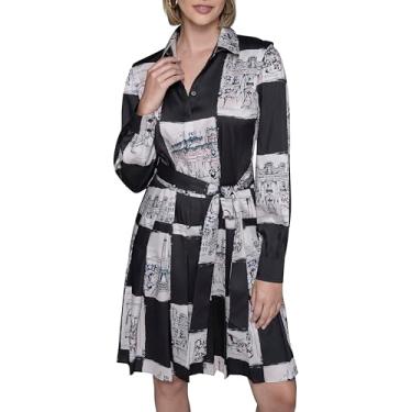 Imagem de Karl Lagerfeld Vestido feminino Paris de sarja estampado de manga comprida para o trabalho, Preto/Bétula Multi, 38
