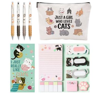 Imagem de Material escolar para meninas, conjunto de artigos de papelaria de gato fofo com estojo, conjunto de canetas e notas adesivas, presentes de gato, lembrancinha de festa para meninas, artigos de