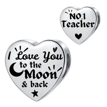 Imagem de MiiFort Pingente de coração prata para família com berloques Pandora "I Love You to the Moon and Back", contas de aniversário para mulheres, aço inoxidável, One Size, Aço inoxidável, Sem Pedra