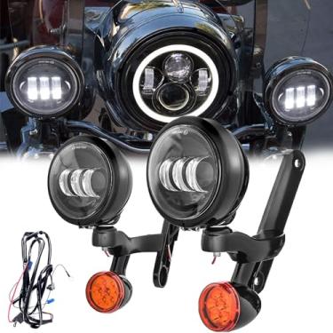 Imagem de Faróis de neblina LED de motocicleta de 11,4 cm com seta e suportes de montagem, luzes de direção auxiliares compatíveis com DOT para bicicletas de turismo HD 1994-2024, caixa à prova d'água (preto)