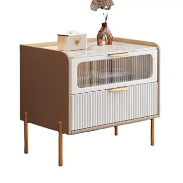 Imagem de Mesa de cabeceira moderna com bancadas elegantes de laje de rocha, mesas de cabeceira com porta decorativa de vidro, mesa lateral de 2 camadas, espaço de armazenamento, para quarto, sala de estar