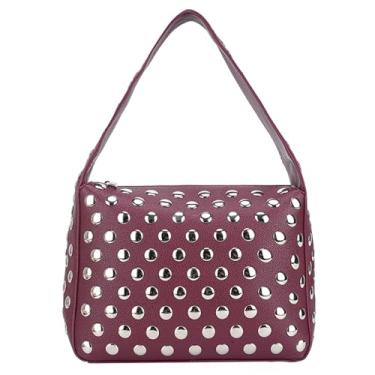 Imagem de JQAliMOVV Bolsa de ombro feminina Y2K preta bolsa punk outono bolsa de couro bolsa de mão, Vinho tinto, Small