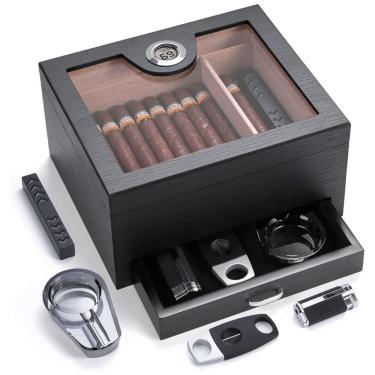 Imagem de Umidor de Charuto com Gaveta, Cedro Espanhol, 50 Charutos, Higrômetro Digital, Umidificador, Cinzeiro - Kit Completo, CINOROW