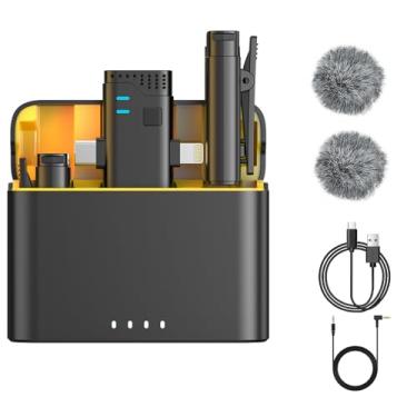 Imagem de Microfone de lapela sem fio profissional 2 em 1 para Android, iPhone iPad com capa de carregamento, cancelamento de ruído, clipe e lapela para YouTube, gravação, vlog, transmissão ao vivo do Facebook