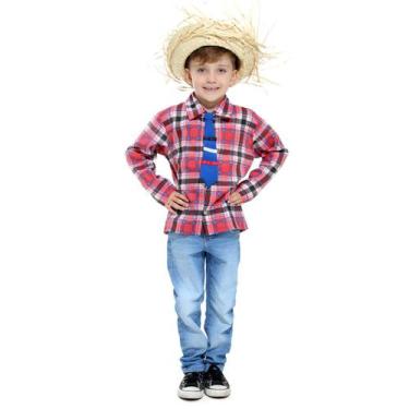 Imagem de Camisa Festa Junina Xadrez Vermelha Infantil com Gravata e Chapéu - Su