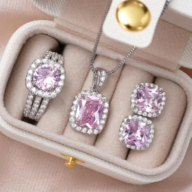 Imagem de Charmoso temperamento colar brincos anéis para mulheres brilhante luxuoso conjunto de joias para casamento, 5, Latão, Zircônia cúbica