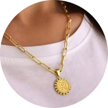 Imagem de Colar com pingente circular inicial A-Z, joia personalizada de aço inoxidável com bordas decorativas, adequado para mulheres, F, Aço inoxidável, Sem Pedra Preciosa
