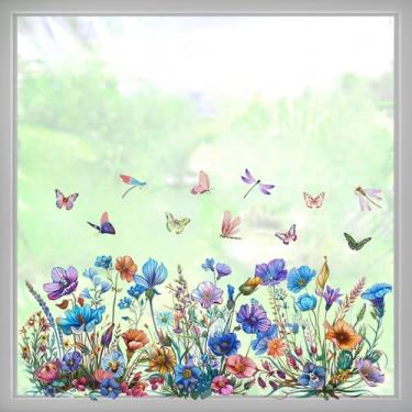 Imagem de Decalques de janela de flores azuis e roxas grandes 60 cm x 30 cm adesivos de vidro floral borboleta libélula adesivos de película descascar e colar silhueta sala de estar quarto casa decoração de