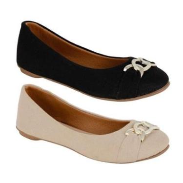 Imagem de Sapatilha Bico Redondo Feminina Casual Macia Confortável Kit 2 Pares Preto e Bege-Feminino