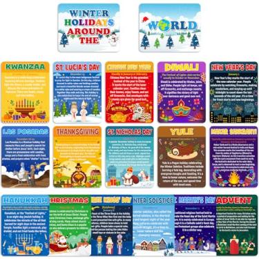 Imagem de Funrous Conjunto de quadro de avisos de inverno, 18 peças, férias de inverno, ao redor do mundo, pôsteres de sala de aula, Natal, Ano Novo Chinês, Hanukkah, Diwali, Kwanzaa, recortes para decoração de