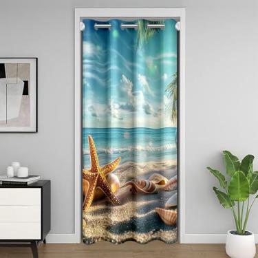 Imagem de Cortina de porta infantil Summer Beach, estrela do mar, concha marítima, cortina blackout para quarto, entrada de quarto, sala de estar, palmeira de coco natural do oceano Havaí, azul, privacidade, 1