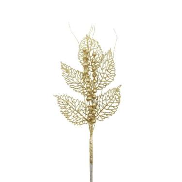 Imagem de Folhas com Purpurina Enfeite de Natal Galhos Brilhoso Dourado ou Verme