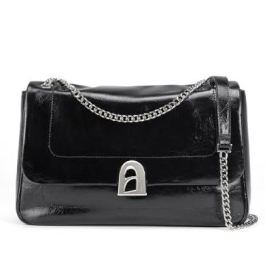 Imagem de Bolsa de ombro feminina de designer LA FESTIN, bolsa tiracolo moderna com alça de corrente, bolsa de couro legítimo de outono, Preto