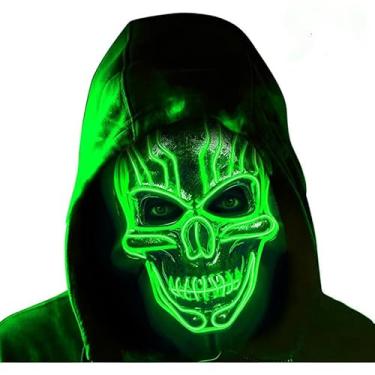 Imagem de SHANJIA Máscara de Halloween, máscara iluminada, crânio assustador com iluminação LED para festival de Halloween, cosplay, baile de máscaras, festa de carnaval (verde fluorescente)