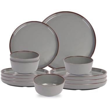 Imagem de Conjuntos de louça de melamina com 12 peças – Conjuntos de pratos e tigelas inquebráveis para atividades ao ar livre, acampamento, piquenique, festa – conjuntos de louça duráveis, leves e inquebráveis