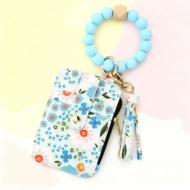 Imagem de Pequena bolsa de cartão com estampa floral com pulseira de contas de silicone, porta-cartão de crédito com pingente de bolsa de borla, linda carteira feminina com chaveiro, Azul