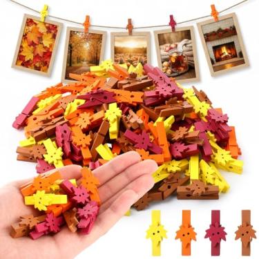 Imagem de Colarr 100 peças de mini clipes de roupas de outono de Ação de Graças para foto, folha de bordo de 3,5 cm, pequenos prendedores de roupa de madeira, alfinetes de papel, artesanato, laranja, clipes de
