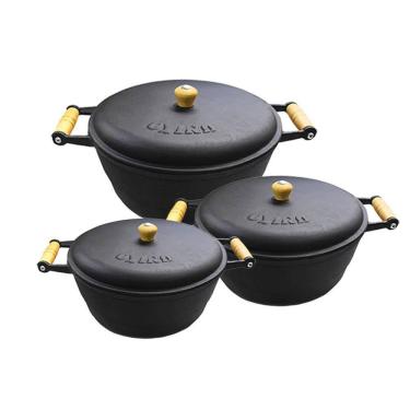 Imagem de Jogo 3 Panela Caçarola Ferro Com Alça Madeira Com Tampa Nº 2