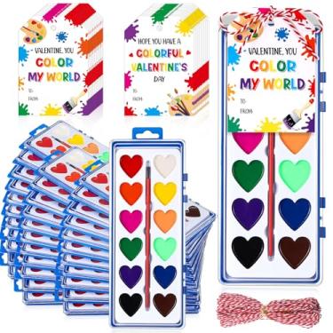 Imagem de Sabary Pacote com 50 conjuntos de tinta aquarela para o dia dos namorados, presentes, pinturas laváveis em aquarela com cartão e corda vermelha de 20 metros para troca de presentes artísticos a granel