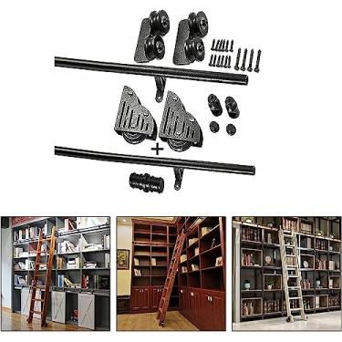 Imagem de Kit de porta de celeiro deslizante de 1 a 6 m, biblioteca de escada deslizante, conjunto completo de trilhos de rolamento (sem escada), trilho de escada rolante de tubo redondo de aço com rodízios de