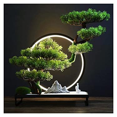 Imagem de KUYBTU Árvores artificiais plantas em vaso 22 cm bonsai artificial pinheiro, decoração de planta realista, plantas falsas com estátuas de pequenos monges, para exibição de mesa, arte de decoração de