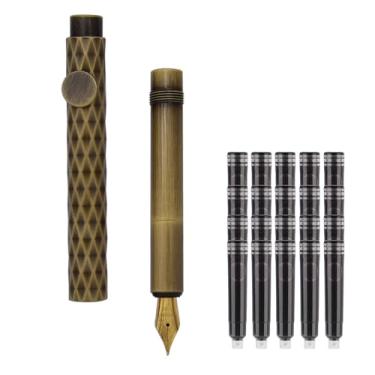 Imagem de SIPLIV Caneta-tinteiro de bronze, bolso curto, minicaneta-tinteiro de viagem com 20 cartuchos de tinta preta - losango, ponta fina de irídio (0,50 mm)