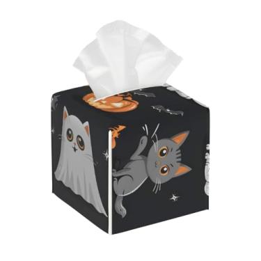 Imagem de Suporte quadrado de couro para caixa de lenços de papel, impermeável, Halloween, gato, abóbora, fantasma, organizador de papel facial com cinto inferior, estojo de lenços para mesa, banheiro