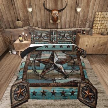 Imagem de Feelyou Jogo de cama queen com estrela do oeste do Texas azul-petróleo, asteca ocidental, para crianças, meninos, meninas, decoração de caubói, rústico, casa de fazenda, tribal, estilo exótico