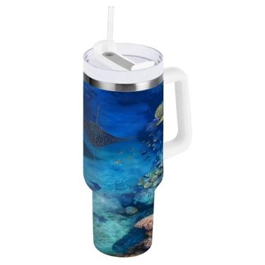 Imagem de Blueangle Copo isolado de 850 g com alça e tampa de canudo - Caneca de viagem de aço inoxidável à prova de vazamento, garrafa de água de arraia marítima a vácuo de parede dupla (825)