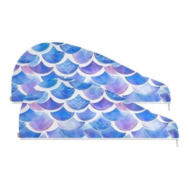 Imagem de SEHANY Toalha de cabelo de microfibra roxa pálida escamas de sereia para mulheres, 2 peças, turbantes de cabelo de secagem rápida com botão, touca de cabelo seco absorvente toalha de secagem de cabelo