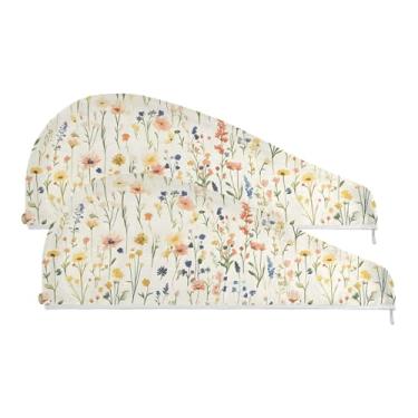 Imagem de SEHANY Toalha de cabelo de microfibra de flores coloridas elegantes para mulheres, 2 peças, turbantes de cabelo de secagem rápida com botão, touca de cabelo seco absorvente toalha de secagem de cabelo