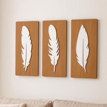 Imagem de Kit 3 Quadros Decorativos em MDF com Penas para Sala Quarto Escritório(Amadeirado Escuro)