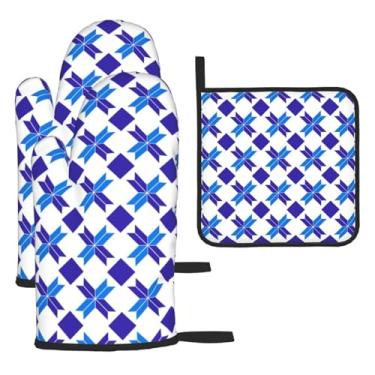 Imagem de Padrão geométrico – Conjunto de cozinha essencial com 3 peças, luvas seguras para calor e aderência de tampa, proteção para churrasco no forno, design de armazenamento suspenso.