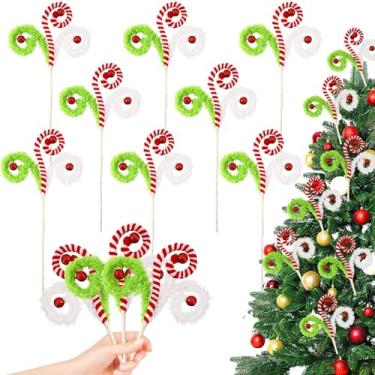 Imagem de AUGSUN 8 peças de topo de árvore de Natal, enfeite de palheta de bengala doce de 35,5 cm, haste encaracolada de lã com bola vermelha de Natal para grinalda de árvore, artesanato, enchimento de vaso