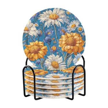 Imagem de Qilmy Conjunto de 6 peças para copos de flores de margaridas bonitas ou porta-copos de bar para bebidas, porta-copos de fazenda ou porta-copos de mesa rústicos, porta-copos modernos de algodão para o