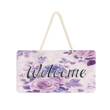 Imagem de Burbuja Placa de boas-vindas de rosas roxas para porta da frente, placa de boas-vindas de PVC para decoração de férias, 15 x 28 cm