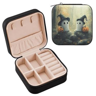 Imagem de YETTASBIN Caixa de joias fantasma de Halloween para adolescentes, meninas, mulheres, presente de aniversário, Natal, caixa de armazenamento portátil de couro PU, mini estojo de joias de viagem para