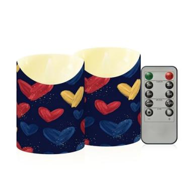 Imagem de Wassud Pacote com 2 velas vibrantes de corações azuis vermelhos e sem chama com controle remoto, velas realistas cintilantes com temporizador, velas decorativas para Natal, casamento, festa, decoração